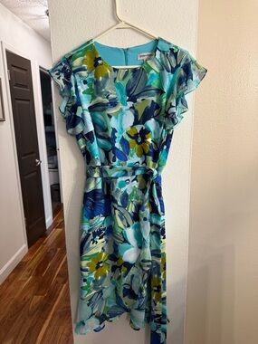 Shelby & Palmer Teal, Navy & Lime Floral Tie-Waist Midi Dress